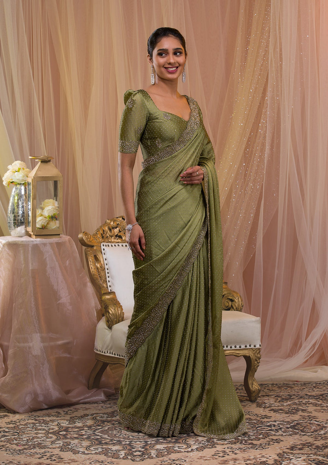 Pista Green Silver Stonework Crepe Saree-Koskii