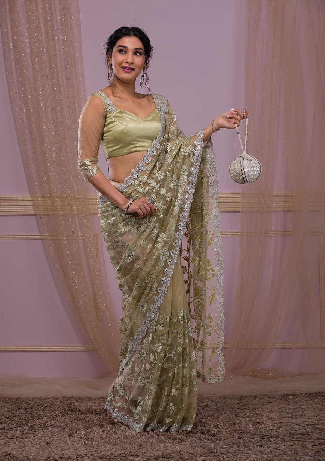 Gold Threadwork Net Designer Saree-Koskii