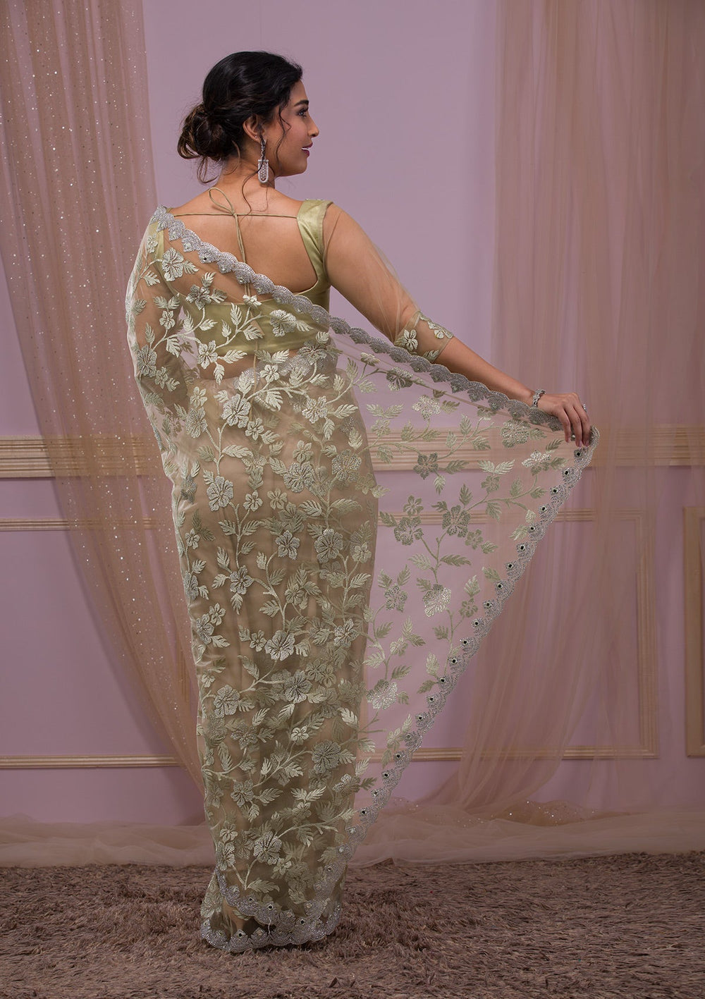 Gold Threadwork Net Designer Saree-Koskii