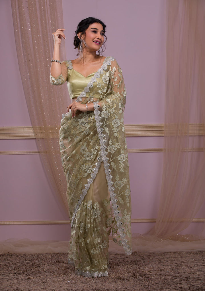 Gold Threadwork Net Designer Saree-Koskii