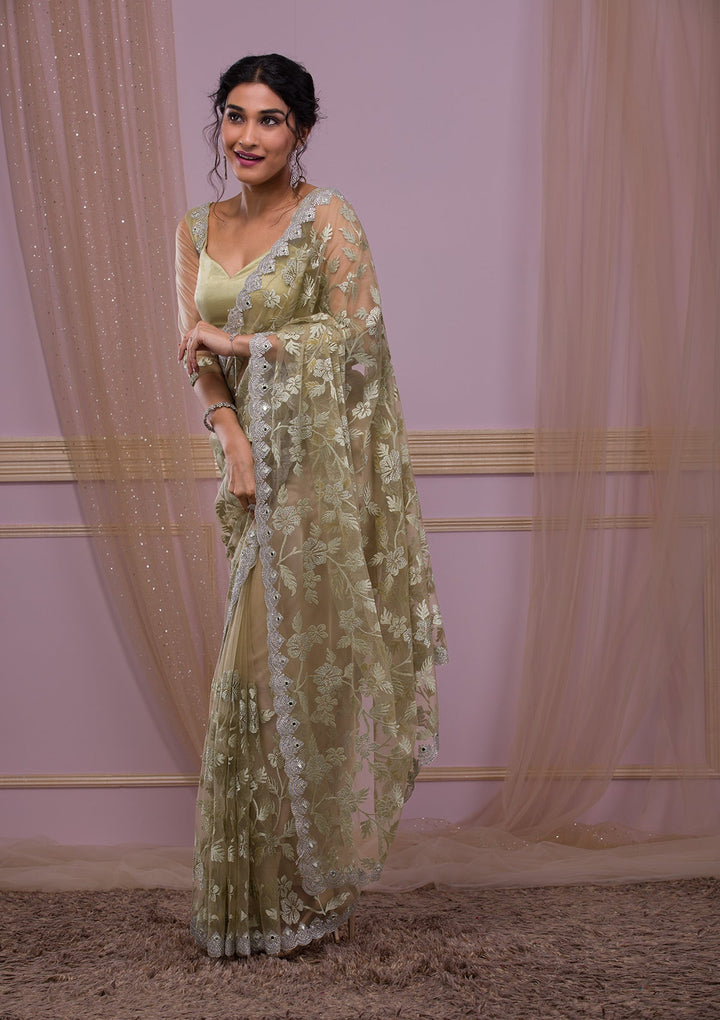Gold Threadwork Net Designer Saree-Koskii
