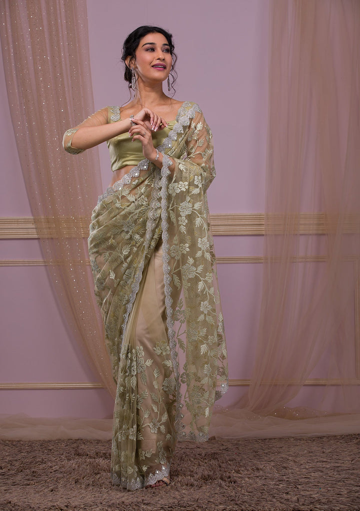 Pista Green Stonework Net Designer Saree-Koskii