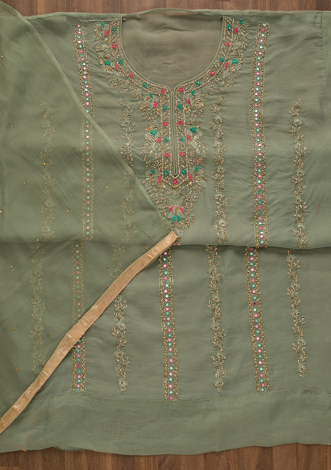 Pista Green Stonework Tissue Unstitched Salwar Kameez-Koskii