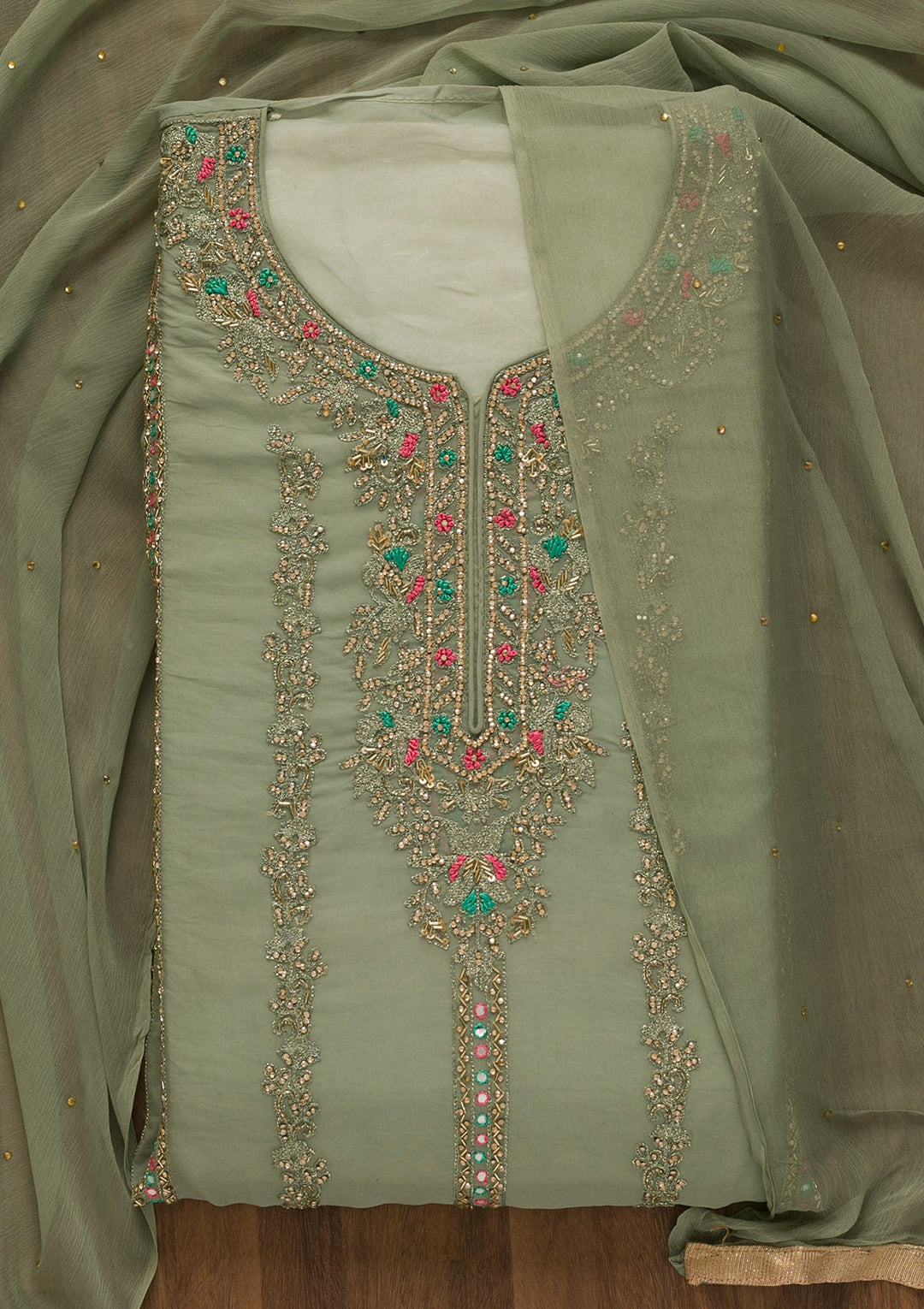Pista Green Stonework Tissue Unstitched Salwar Kameez-Koskii