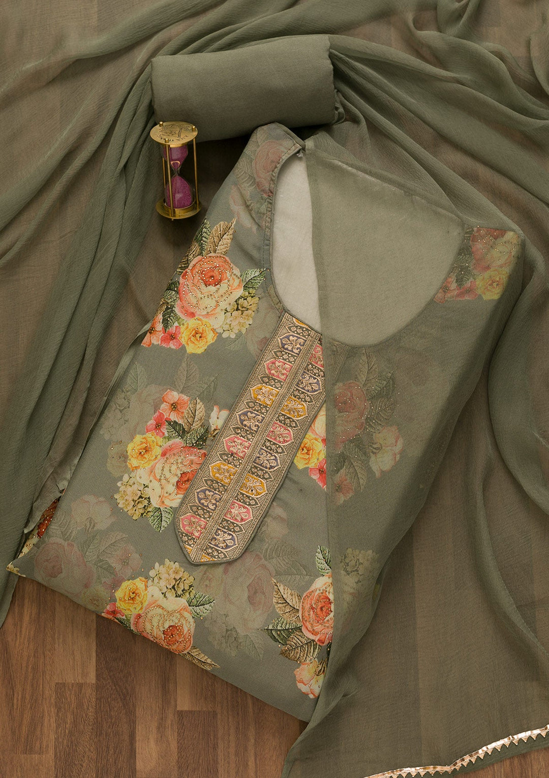 Pista Green Swarovski Semi Crepe Unstitched Salwar Kameez-Koskii