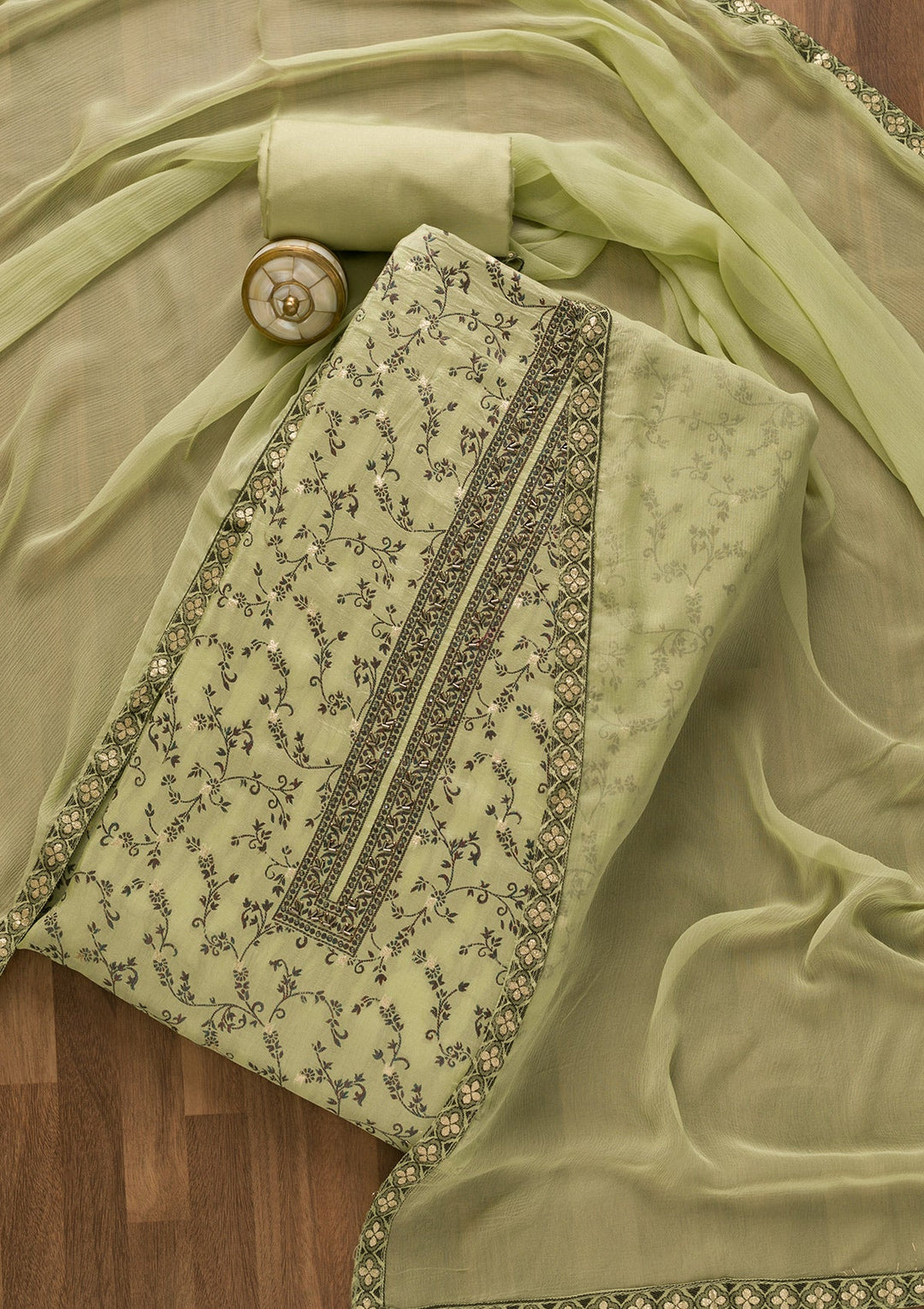 Pista Green Threadwork Cutdana Unstitched Salwar Kameez-Koskii