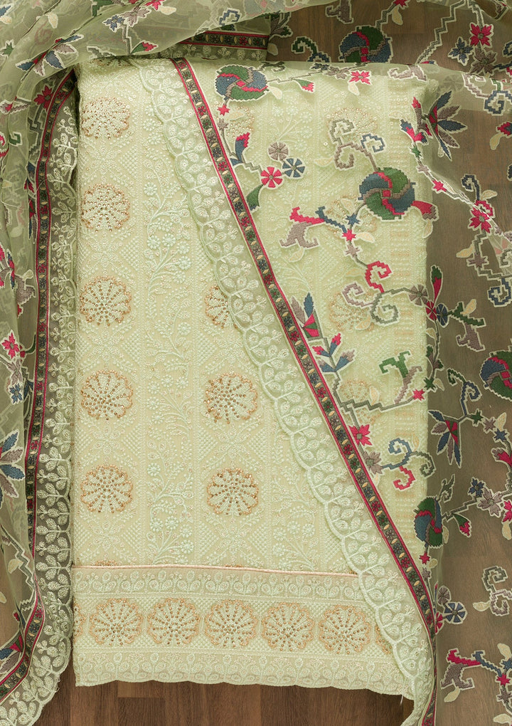 Pista Green Threadwork Georgette Unstitched Salwar Kameez-Koskii