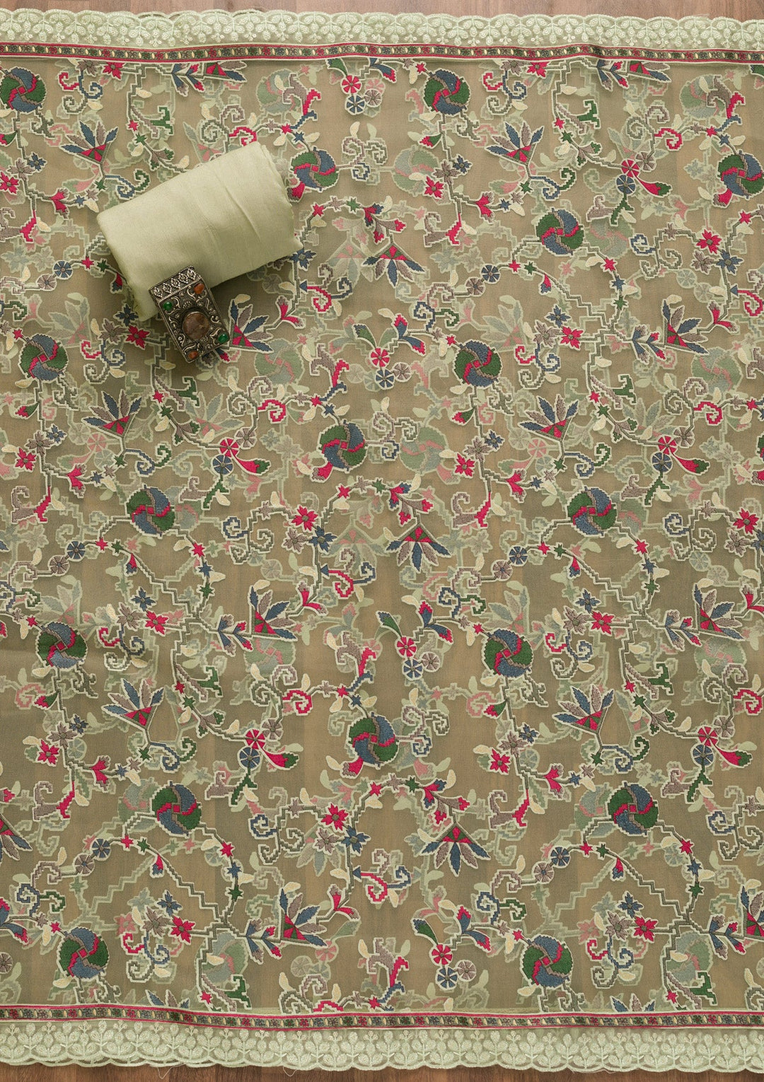Pista Green Threadwork Georgette Unstitched Salwar Kameez-Koskii