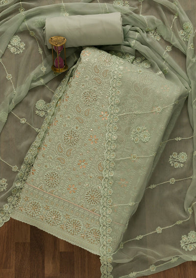 Pista Green Threadwork Georgette Unstitched Salwar Suit-Koskii