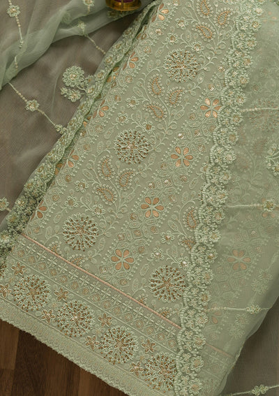 Pista Green Threadwork Georgette Unstitched Salwar Suit-Koskii