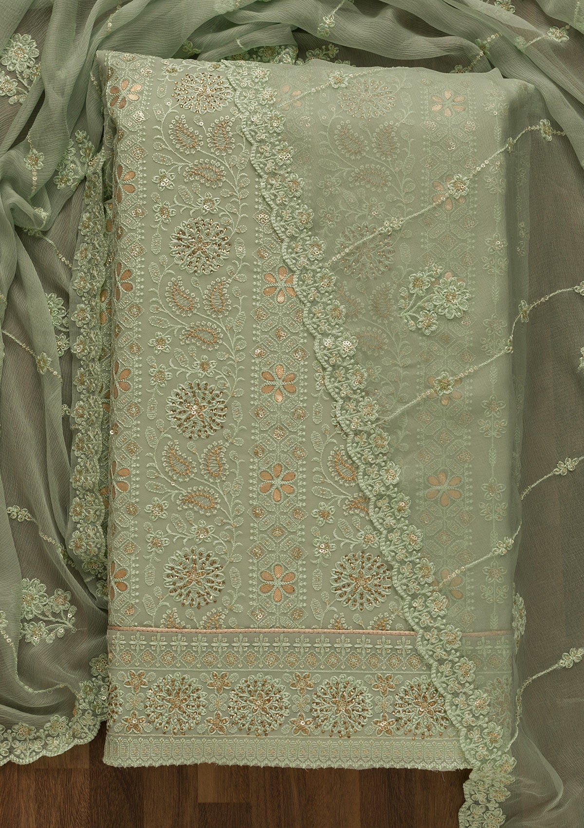 Pista Green Threadwork Georgette Unstitched Salwar Suit-Koskii