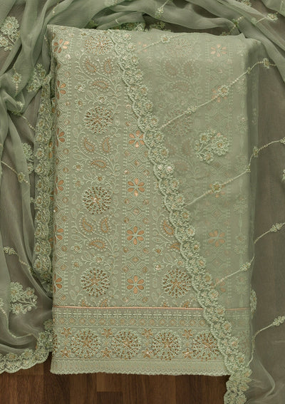 Pista Green Threadwork Georgette Unstitched Salwar Suit-Koskii