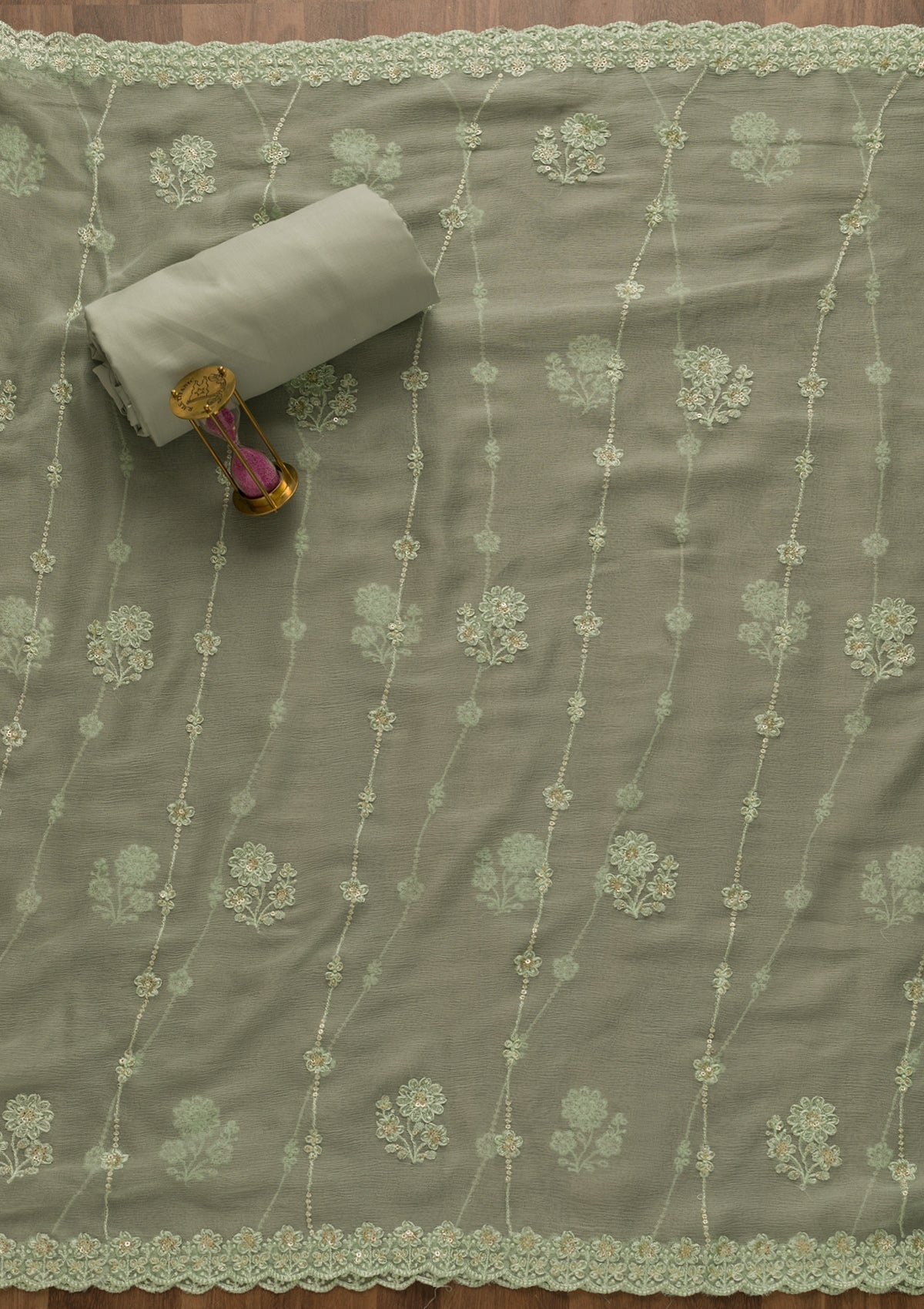 Pista Green Threadwork Georgette Unstitched Salwar Suit-Koskii