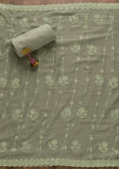 Pista Green Threadwork Georgette Unstitched Salwar Suit-Koskii
