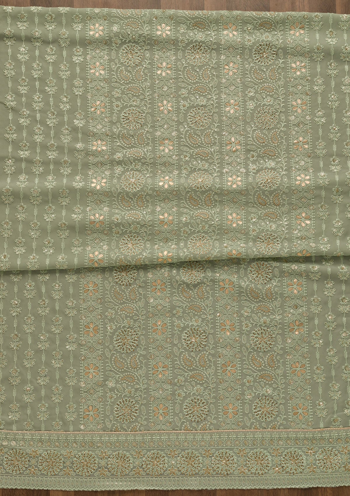Pista Green Threadwork Georgette Unstitched Salwar Suit-Koskii