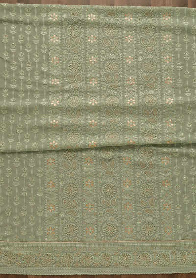 Pista Green Threadwork Georgette Unstitched Salwar Suit-Koskii