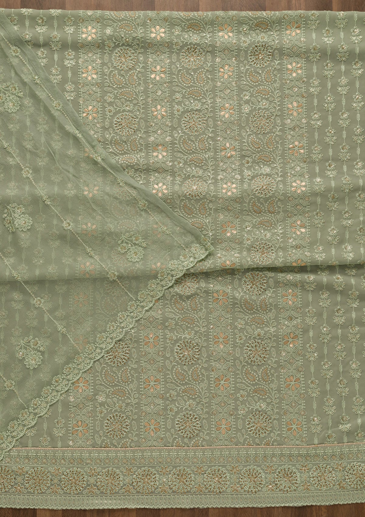 Pista Green Threadwork Georgette Unstitched Salwar Suit-Koskii