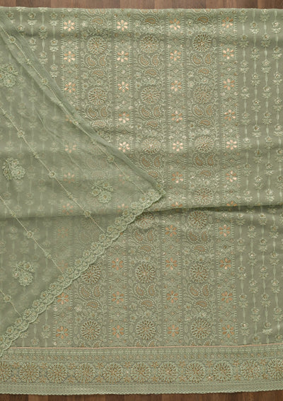 Pista Green Threadwork Georgette Unstitched Salwar Suit-Koskii