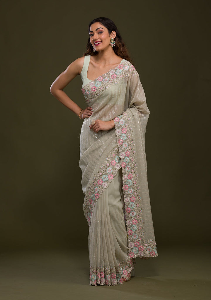 Pista Green Threadwork Georgette Saree-Koskii