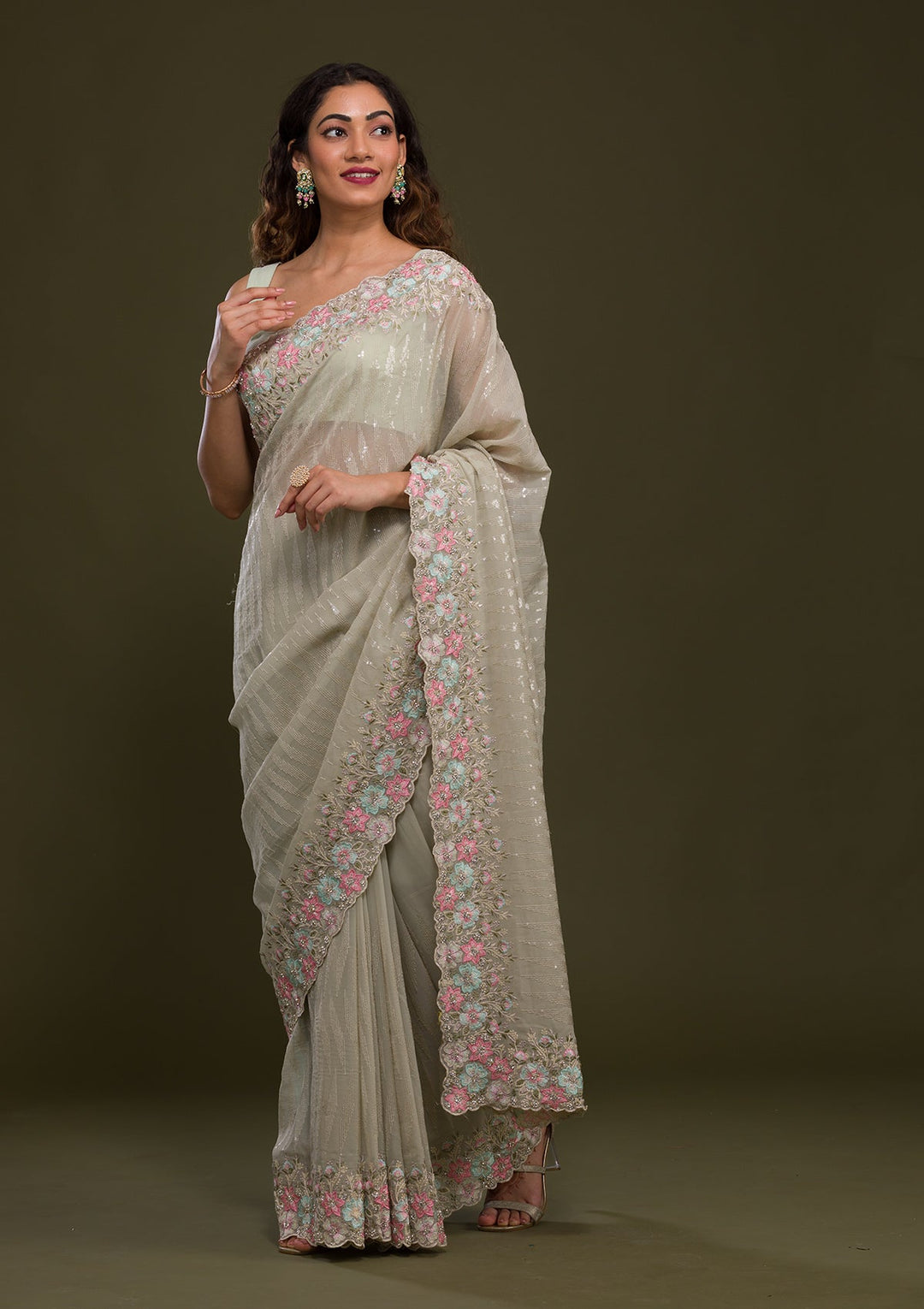 Pista Green Threadwork Georgette Saree-Koskii