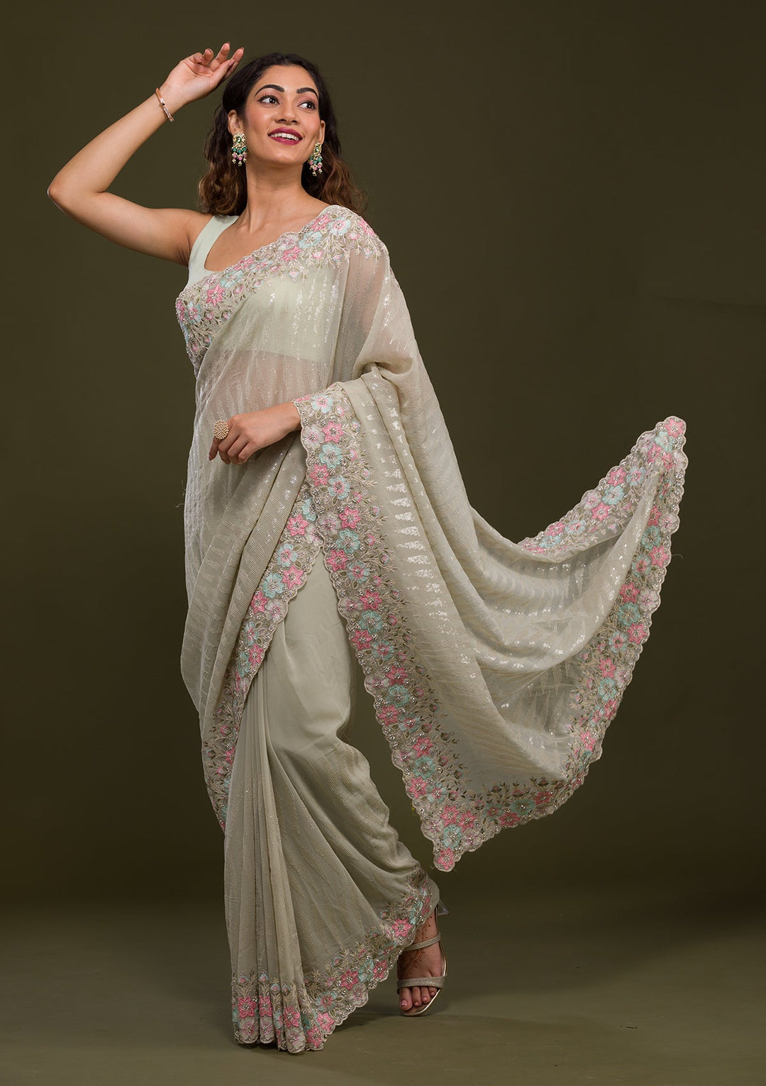 Pista Green Threadwork Georgette Saree-Koskii