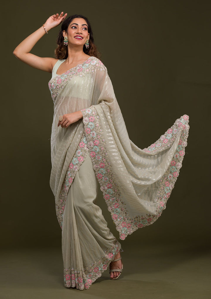 Pista Green Threadwork Georgette Saree-Koskii