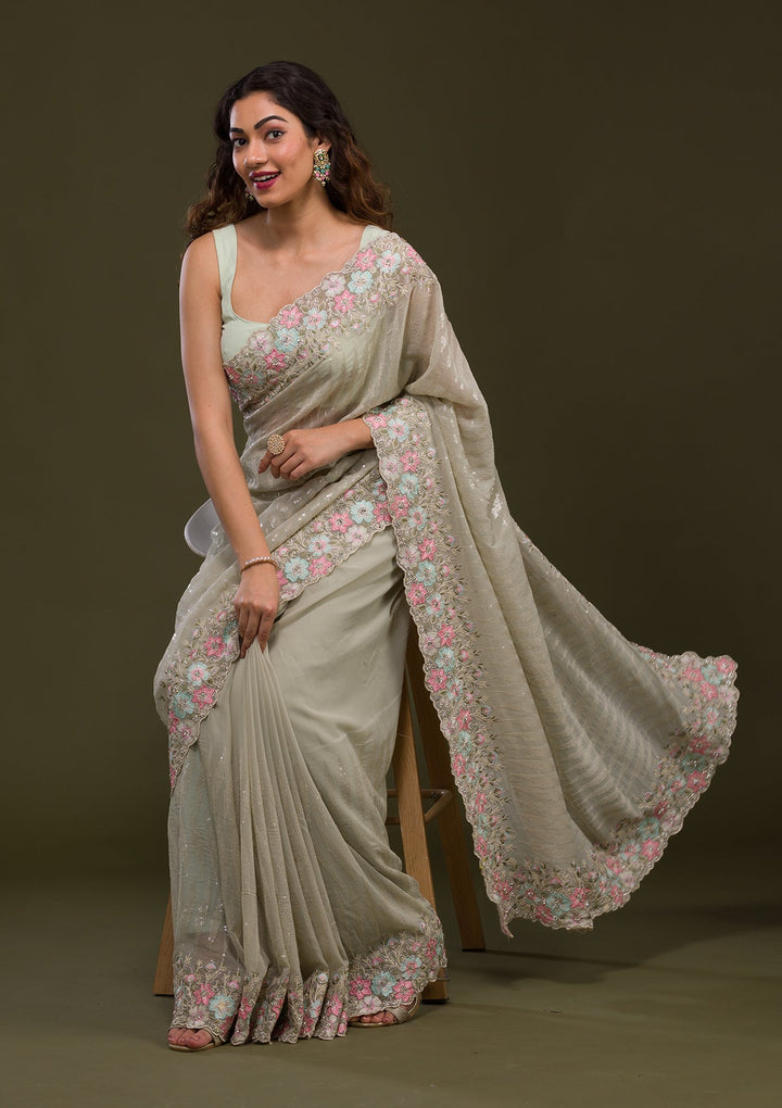 Pista Green Threadwork Georgette Saree-Koskii