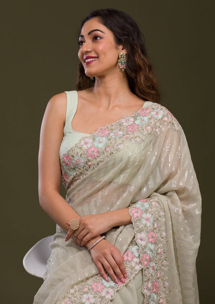 Pista Green Threadwork Georgette Saree-Koskii