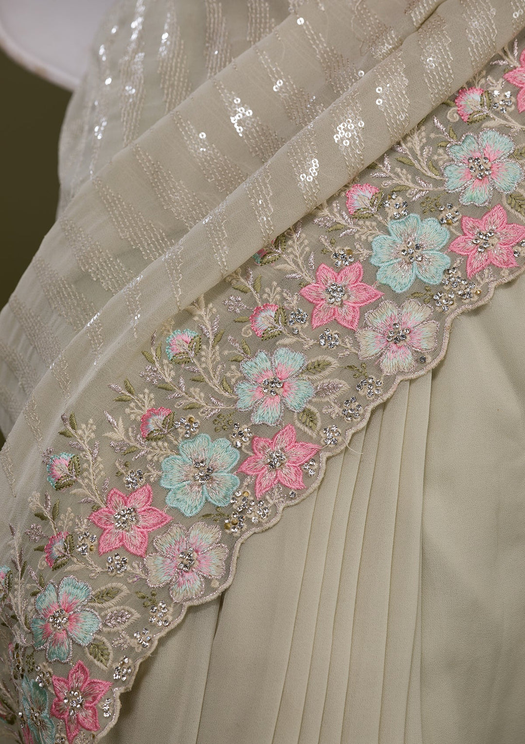 Pista Green Threadwork Georgette Saree-Koskii