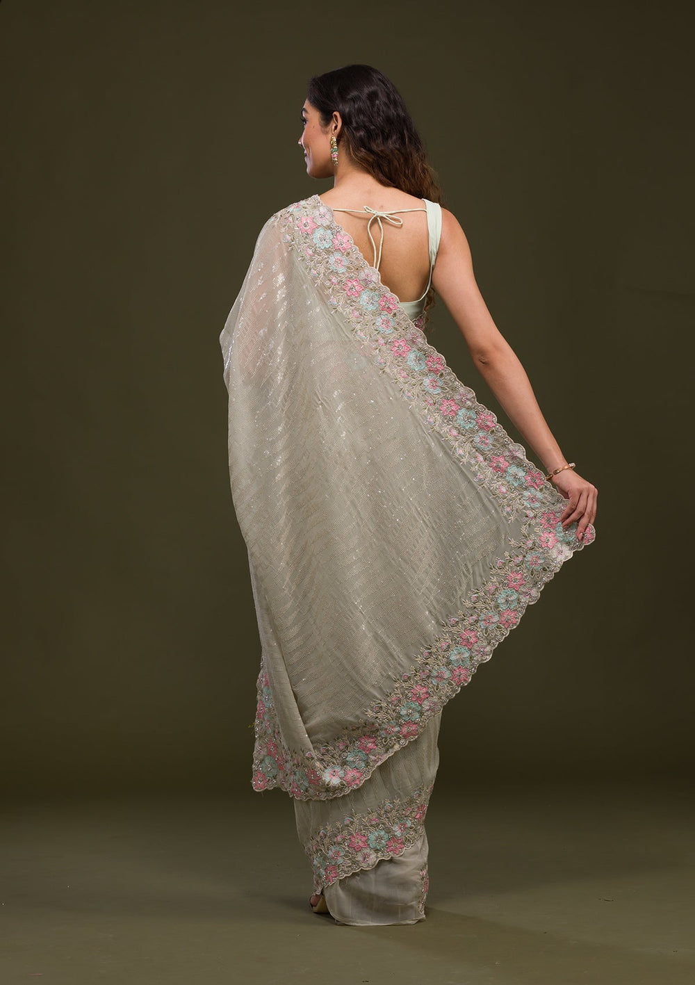 Pista Green Threadwork Georgette Saree-Koskii