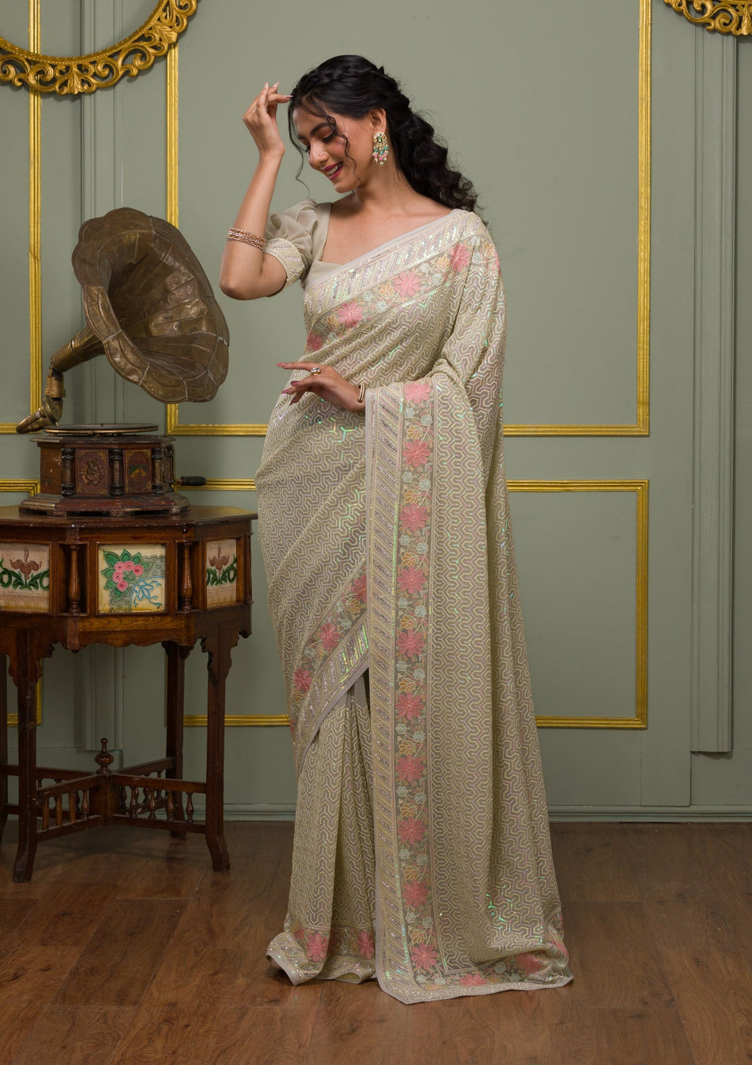 Pista Green Threadwork Georgette Saree-Koskii