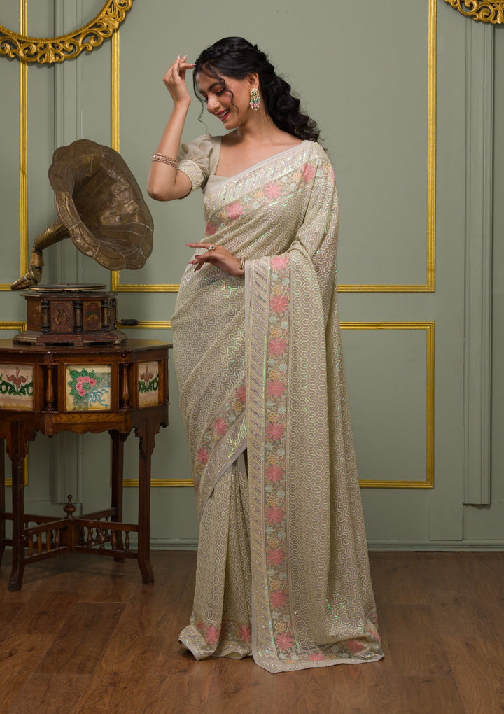 Pista Green Threadwork Georgette Saree-Koskii