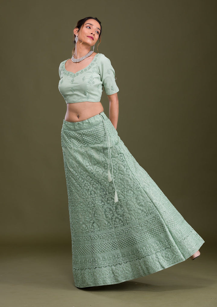 Pista Green Threadwork Net Semi Stitched Lehenga-Koskii