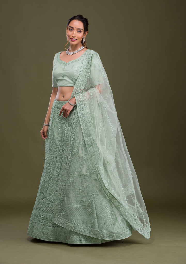 Pista Green Threadwork Net Semi Stitched Lehenga-Koskii