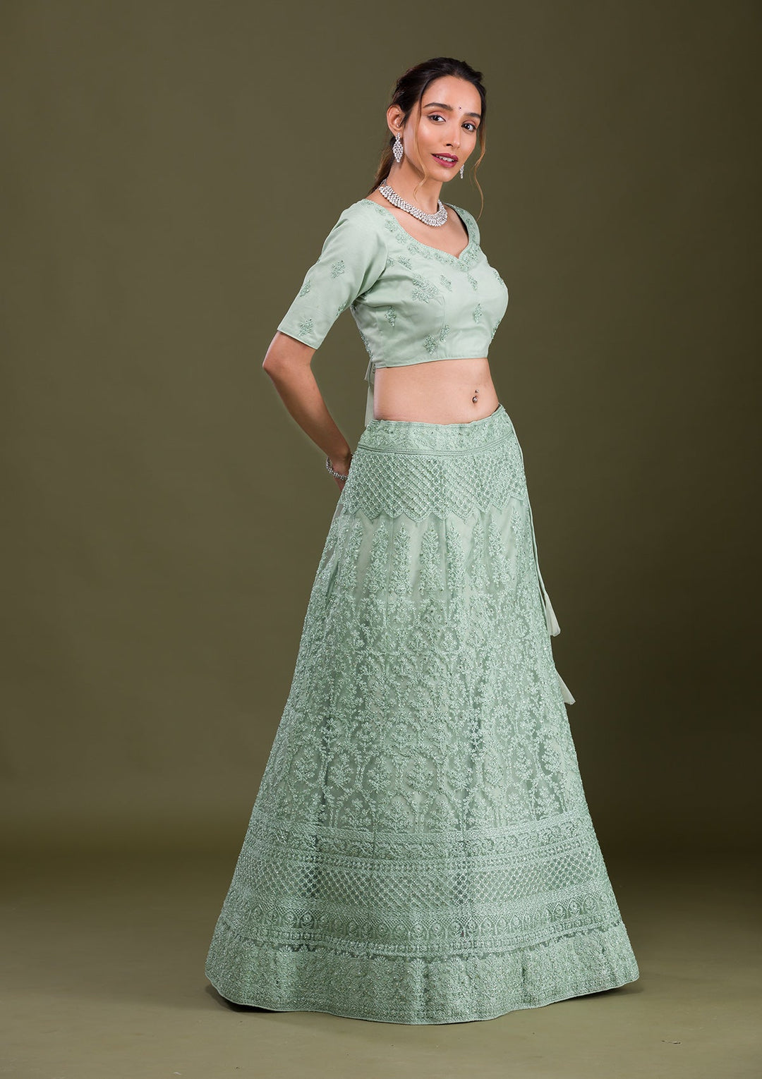 Pista Green Threadwork Net Semi Stitched Lehenga-Koskii