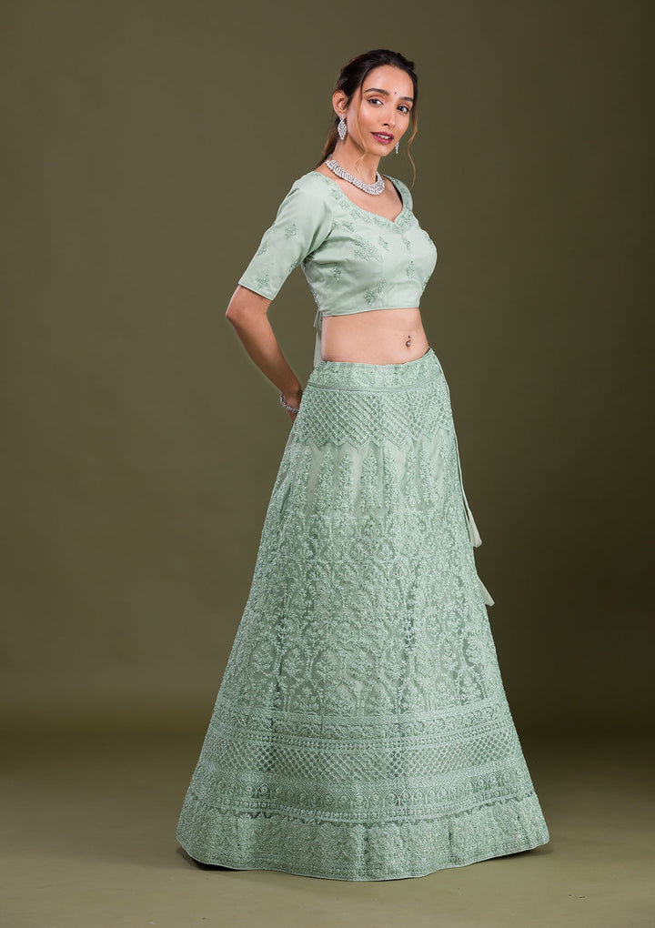 Pista Green Threadwork Net Semi Stitched Lehenga-Koskii
