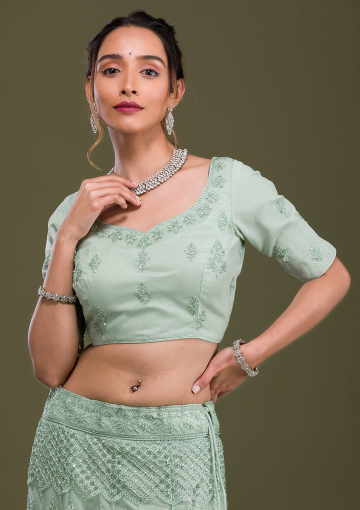 Pista Green Threadwork Net Semi Stitched Lehenga-Koskii