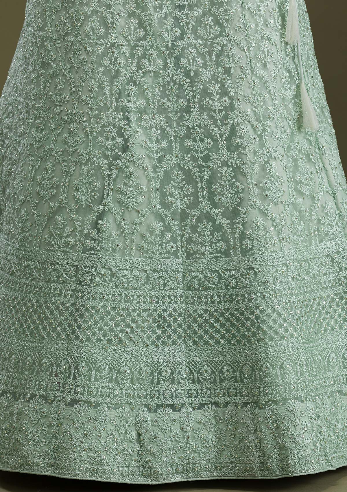 Pista Green Threadwork Net Semi Stitched Lehenga-Koskii