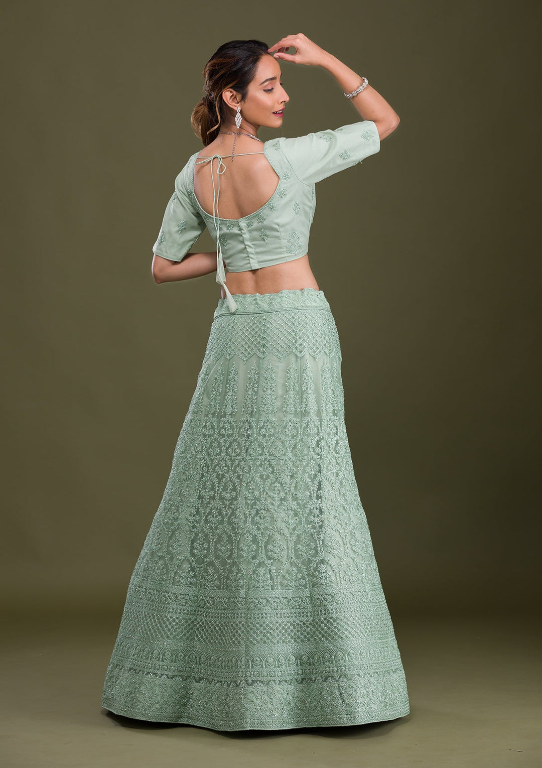Pista Green Threadwork Net Semi Stitched Lehenga-Koskii