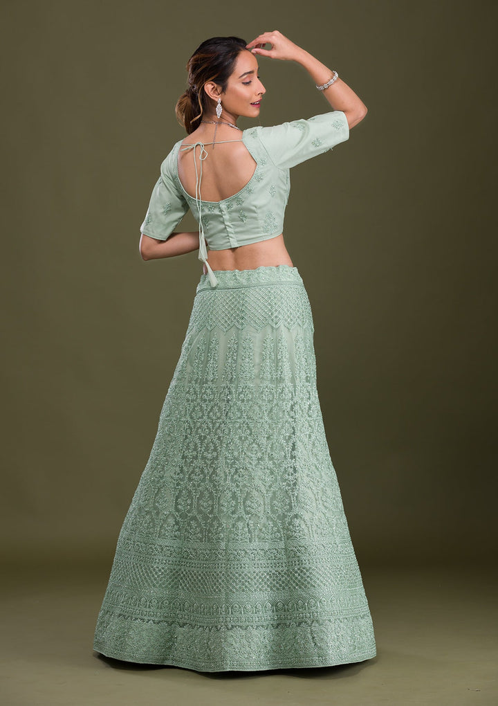 Pista Green Threadwork Net Semi Stitched Lehenga-Koskii