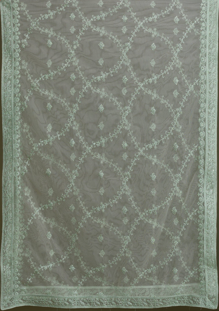 Pista Green Threadwork Net Semi Stitched Lehenga-Koskii