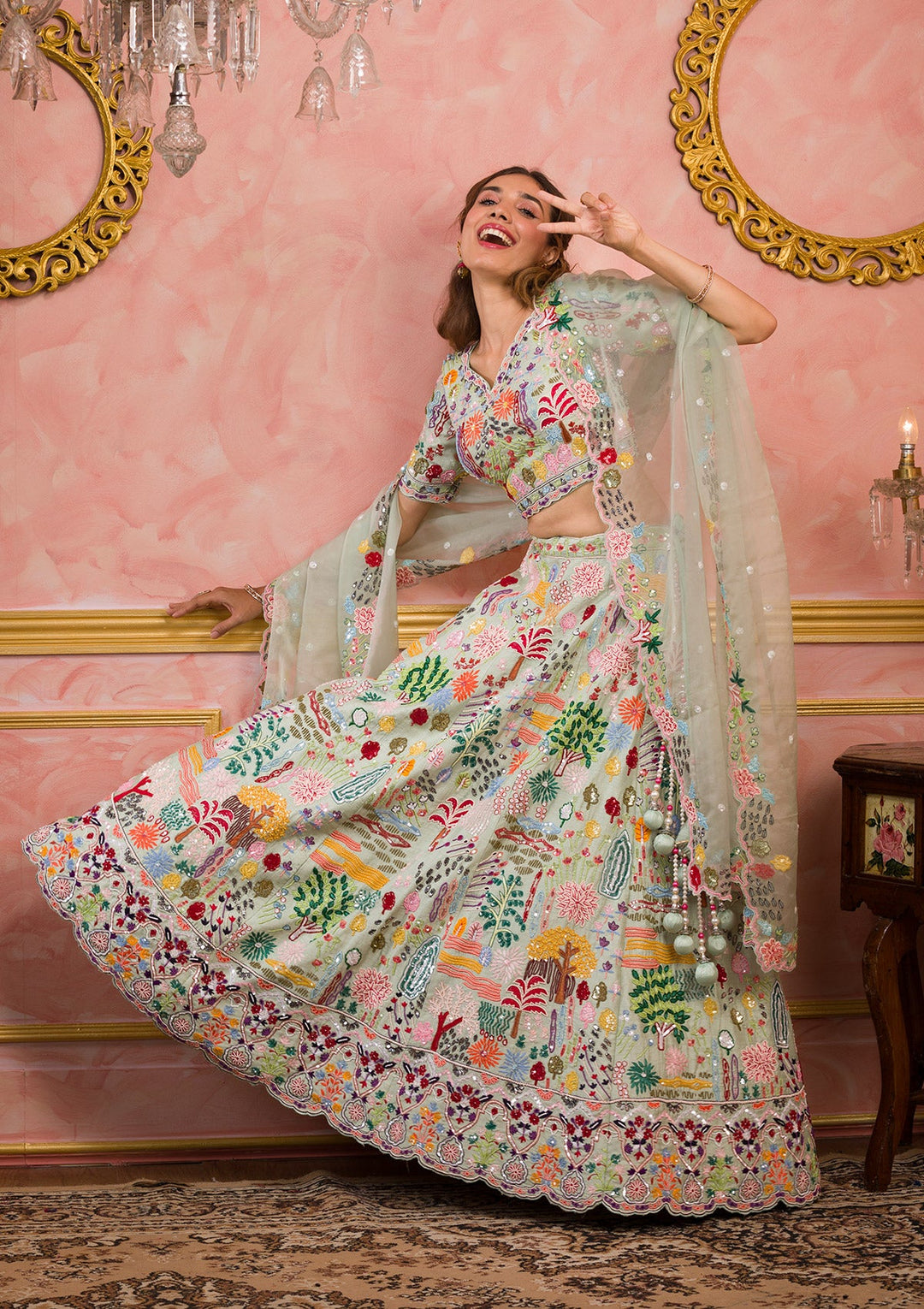 Pista Green Threadwork Raw Silk Readymade Lehenga-Koskii