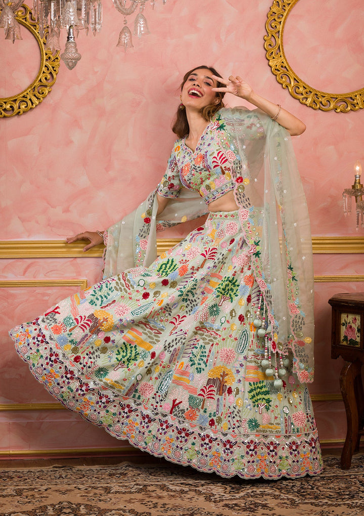 Pista Green Threadwork Raw Silk Readymade Lehenga-Koskii