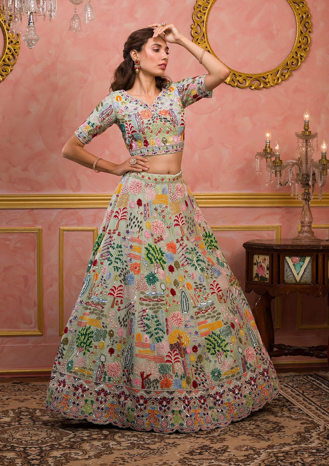 Pista Green Threadwork Raw Silk Readymade Lehenga-Koskii