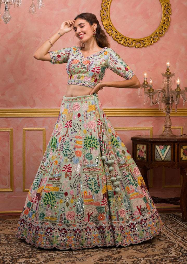 Pista Green Threadwork Raw Silk Readymade Lehenga-Koskii