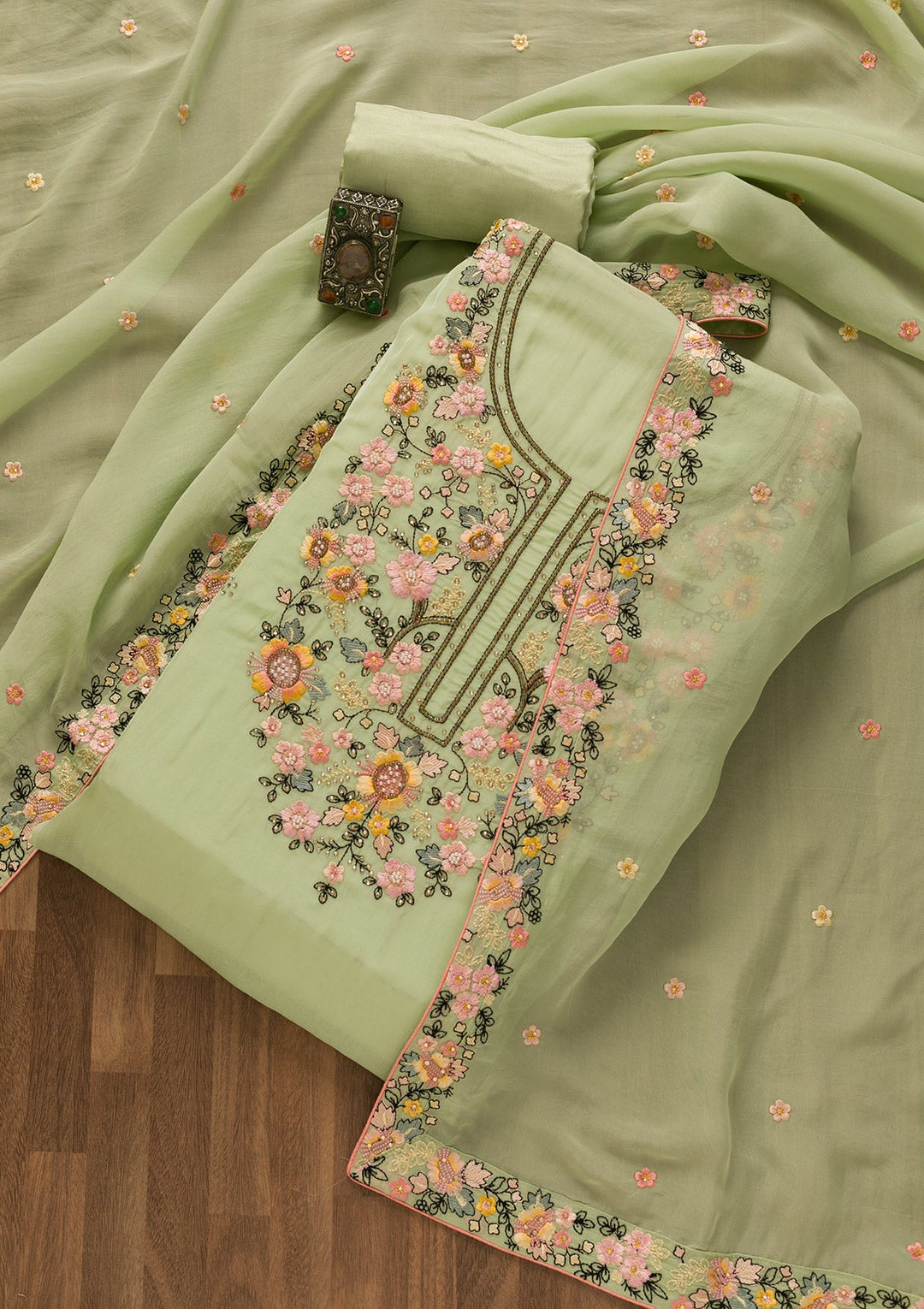 Pista Green Threadwork Tissue Unstitched Salwar Kameez-Koskii