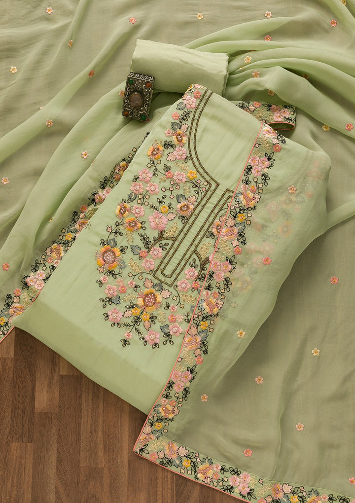 Pista Green Threadwork Tissue Unstitched Salwar Kameez-Koskii