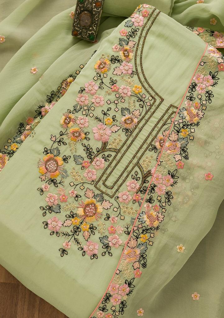 Pista Green Threadwork Tissue Unstitched Salwar Kameez-Koskii