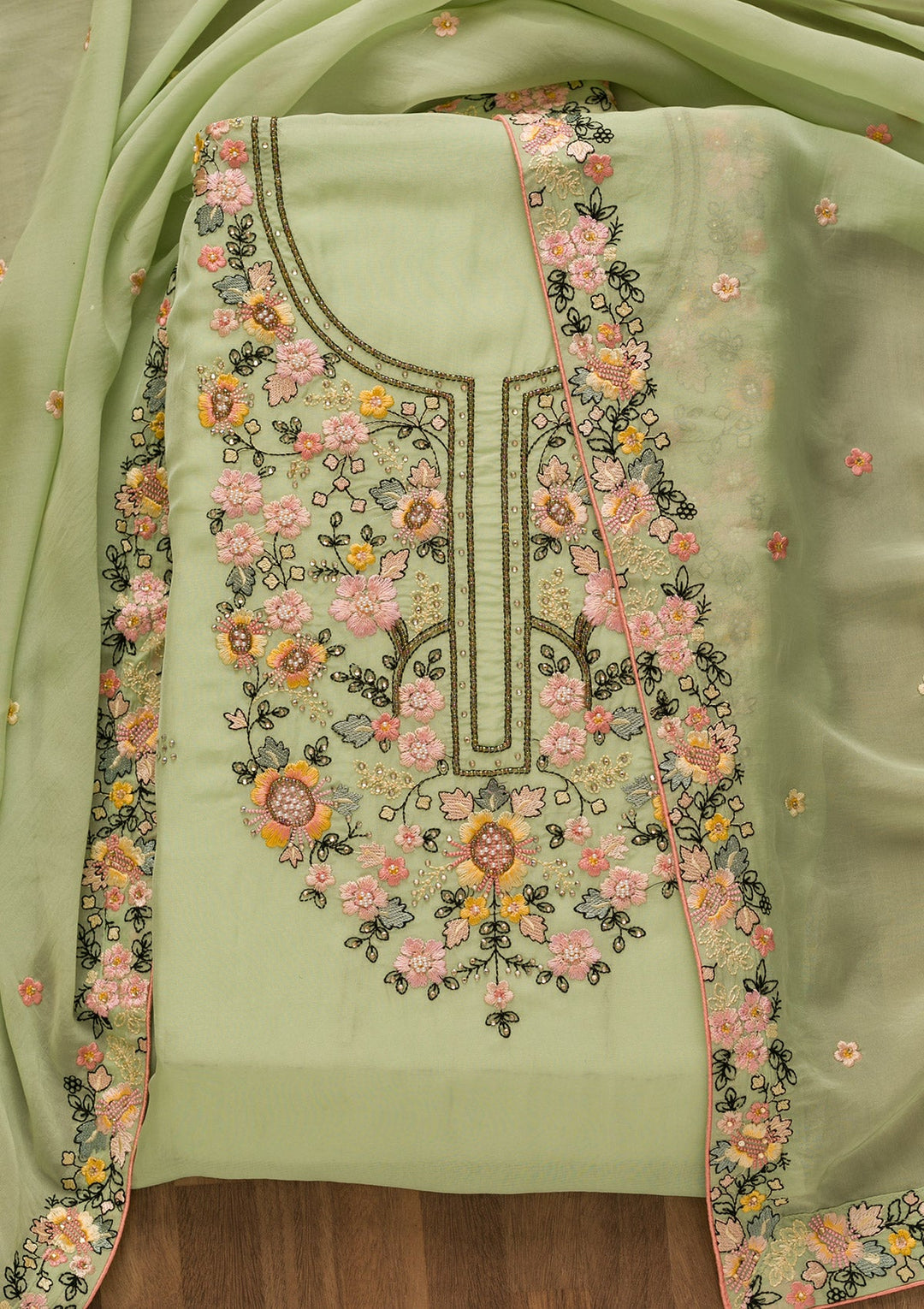 Pista Green Threadwork Tissue Unstitched Salwar Kameez-Koskii