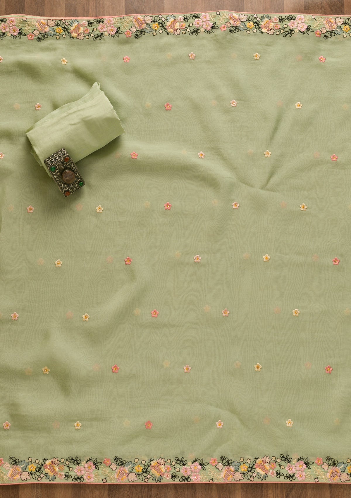 Pista Green Threadwork Tissue Unstitched Salwar Kameez-Koskii